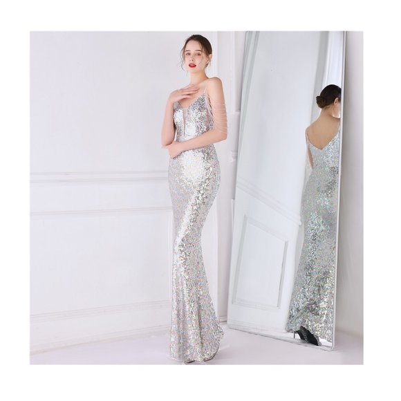 Formal White Silver Evening Gown Sequin Glitter Dress Off Shoulder Ball Gown - Picture 2 of 7